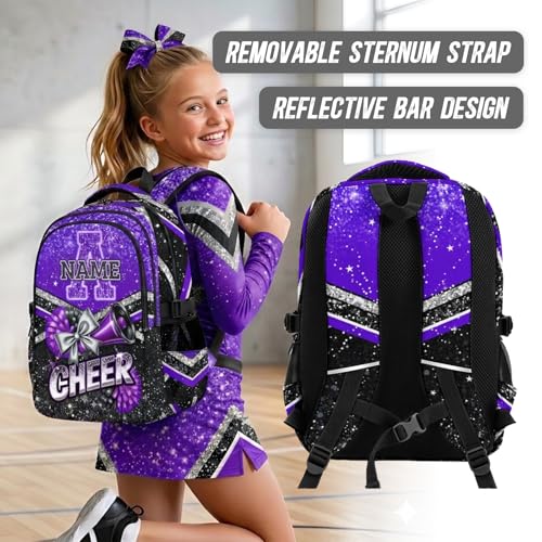 Personalized Girls Schoolbag Custom Cheerleader Backpack, 17 Inch Kids Back to School Cheer Daypack for Elementary Middle School Travel - color: Purple