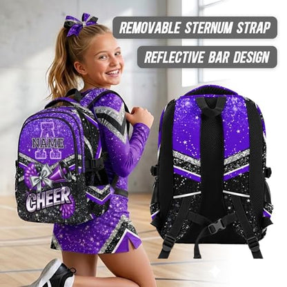 Personalized Girls Schoolbag Custom Cheerleader Backpack, 17 Inch Kids Back to School Cheer Daypack for Elementary Middle School Travel - color: Purple