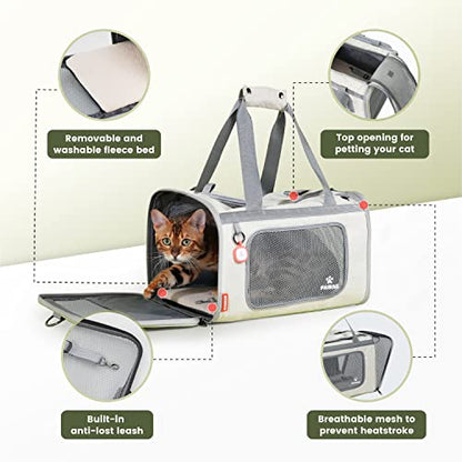 Pawaii Cat Carrier with ID Tag, TSA Airline Approved Soft Sided Collapsible Pet Travel Carrier, Portable Comfortable Convenient Foldable Cat Travel Bag | Up to 13 lbs, 16.9 x 10.6 x 10.6 in, QR pet ID tag, top entry, luggage sleeve, soft fleece pad, folda
