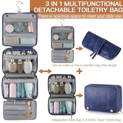 Elviros Hanging Toiletry Bag for Men Travel Essentials 3-in-1 Large Waterproof Dopp Kit PU Leather Shaving Bag with Separate Compartments for Grooming and Toiletries - color: Blue
