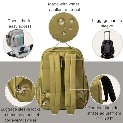 Baggallini Tribeca Expandable Laptop Backpack - 15"x11" Lightweight RFID Computer Bag for Work & Travel with Luggage Sleeve - color: Sage Twill