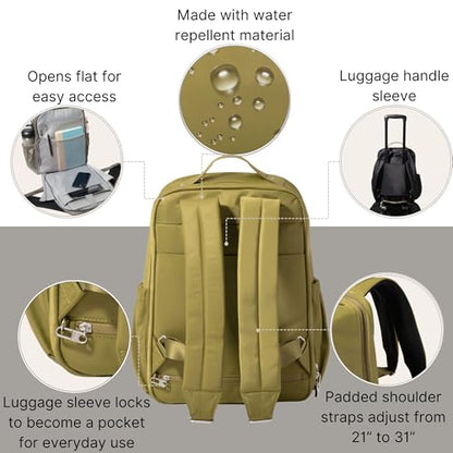 Baggallini Tribeca Expandable Laptop Backpack - 15"x11" Lightweight RFID Computer Bag for Work & Travel with Luggage Sleeve - color: Sage Twill