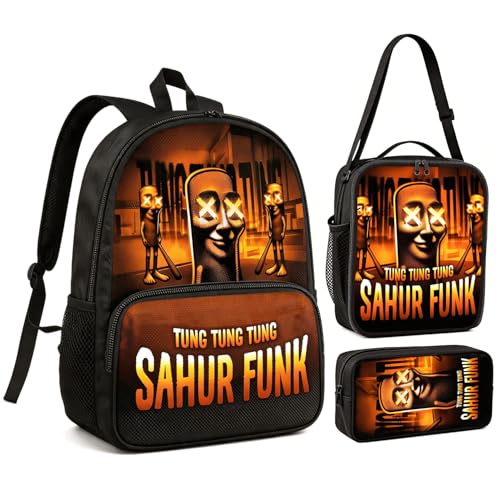 Zhazieon Adjustable Rucksack Lunch Bag Pencil Case Tung Tung Tung Sahur Backpacks 3pcs Set(Black-A3) - color: Black-a3