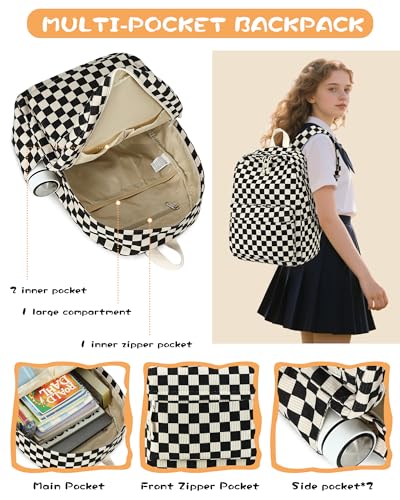LOIDOU Backpack for Teen Girls Bookbags School Backpack with Lunch Box and Pencil Case 3 in 1 School Bags Set - color: Black and white check