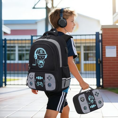 Bevalsa Backpack for School Boys, Cool Luminous Gamer Boys Schoolbag with Lunch Box & Pencil Case Set for Kids Teens Elementary Middle School, Bookbag Glow In The Dark(Black Backpack) - color: Black, style: Backpack