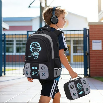 Bevalsa Backpack for School Boys, Cool Luminous Gamer Boys Schoolbag with Lunch Box & Pencil Case Set for Kids Teens Elementary Middle School, Bookbag Glow In The Dark(Black Backpack) - color: Black, style: Backpack