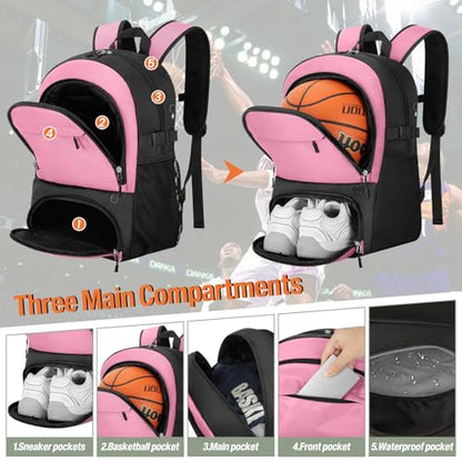 OCKLILY Basketball Backpack - Large Sports Equipment Bag with Ball Holder & Shoe Compartment, Sport Bags for Basketball, Soccer, Volleyball, Gym, School and Travel, 30L - color: Pink