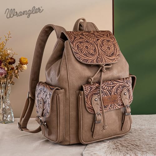 Montana West Wrangler Backpack Purse for Women Men Western Backpack Floral Tooled Travel Bags - color: Carve Khaki