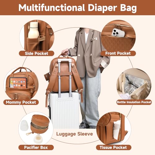 ANWTOTU Leather Baby Diaper Bags with Changing Station,Extra large Capacity Baby Diaper Bag Backpack,Waterproof Baby Essentials(Brown) - color: Upgraded-brown