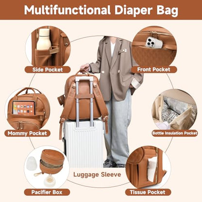 ANWTOTU Leather Baby Diaper Bags with Changing Station,Extra large Capacity Baby Diaper Bag Backpack,Waterproof Baby Essentials(Brown) - color: Upgraded-brown