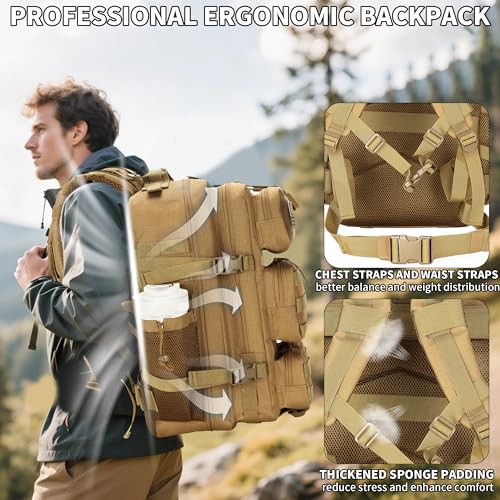 55L Tactical Backpack Heavy Duty Military Rucksack Molle Backpack 3 Day Assault Pack for Work Outdoors - color: Khaki