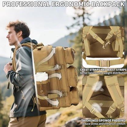 55L Tactical Backpack Heavy Duty Military Rucksack Molle Backpack 3 Day Assault Pack for Work Outdoors - color: Khaki