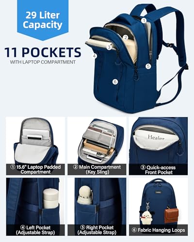 HanTrip Travel Laptop Backpack Carry On, 18 Inch Large Work Backpack School Book Bags, Light Water Resistant Backpacks for Women Men with Luggage Strap Water Bottle Pocket Chest Strap, Navy Blue - color: Navy Blue-1