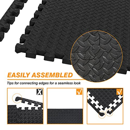 TCE AUPM001BK Interlocking Foam Mat Protective Exercise Workout Puzzle Floor Mat Tiles for Home Gym Equipment - 6 Pieces, 24 Square feet, Black - color: Black