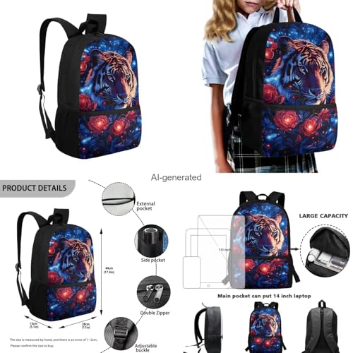 Aesthetic Tiger Backpack for Kids Girls Backpack with Lunch Box Water Bottle Carrier and Zipper Pencil Case 4PCS Set Bookbag with Front Pocket for School 17 inch Large Capacity School Bag - color: Aesthetic Tiger-2