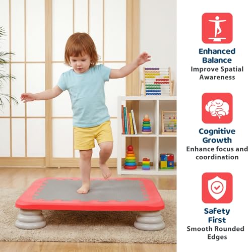 Mini Trampoline for Kids, Rebounder Bouncing Board with Non-Slip Base, Sensory Balance & Bounce Jumping Toy, Gift for 3-12 Boys & Girls Max Load 200 lbs - color: Red