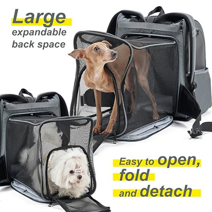 Expandable Pet Carrier, Airline-Approved Foldable and Detachable Backpack, Fits 13lbs Cat&11lbs Small Puppy Dog, for Car Travel,Camping and Emergency Transportation and Shelter (Grey)