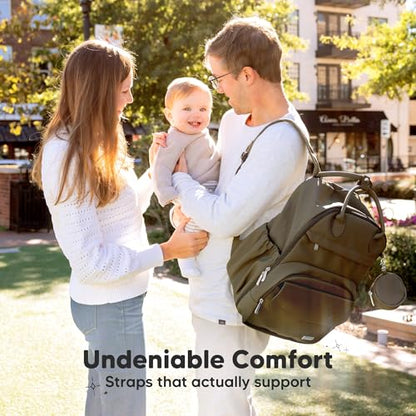 KeaBabies Diaper Bag Backpack - Multifunctional Travel Diaper Back Packs, Maternity Baby Changing Bags, Compact 18L Capacity, PU Leather, Waterproof, Unisex, Nappy Changing Pad (Dark Olive) - color: Dark Olive, style: Jumbo / 16.5" H