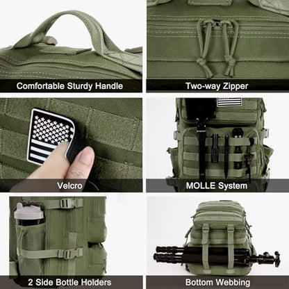 Military Tactical Backpack 25L Day Backpack for Men Molle Army 3 Days Assault Pack Bug Out Bag Water Resistant and Heavy Duty Hiking Treeking Rucksack - Dark Green - color: Dark Green, size: 25L