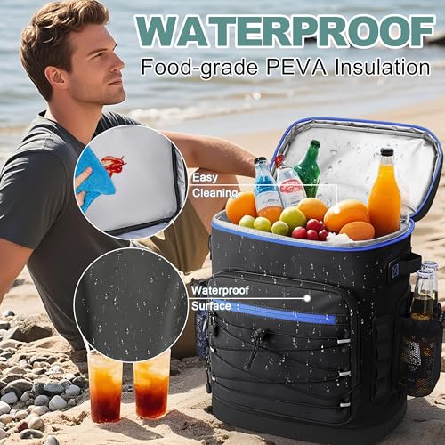 Large 52cans Cooler Backpack, Insulated, Waterproof, Leak Proof, 30L Large Capacity - color: Black, Blue Zipper