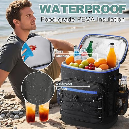 Large 52cans Cooler Backpack, Insulated, Waterproof, Leak Proof, 30L Large Capacity - color: Black, Blue Zipper