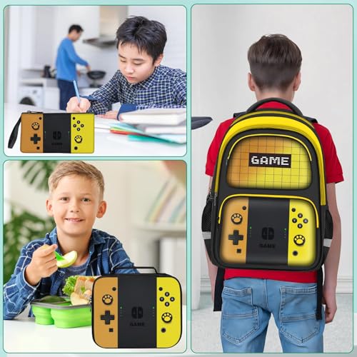 Kids Backpack For Boys，Gamer Boys Backpack For Children Teens Elementary Middle School, 17″ Students Bookbag - color: Backpack Set-sw-orange & Yellow
