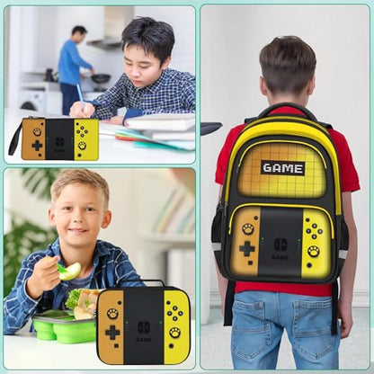 Kids Backpack For Boys，Gamer Boys Backpack For Children Teens Elementary Middle School, 17″ Students Bookbag - color: Backpack Set-sw-orange & Yellow
