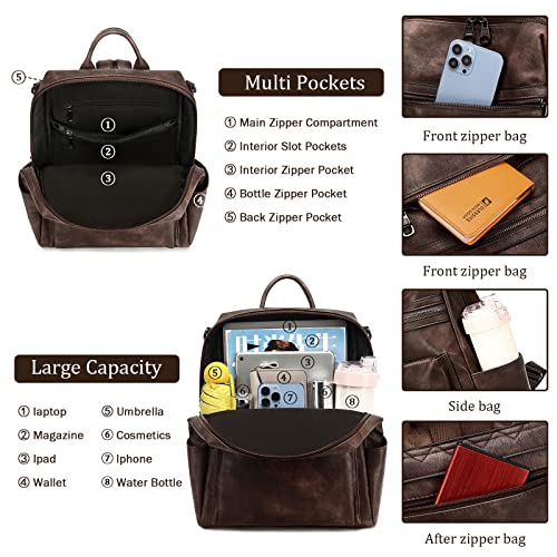 AGLOD Leather Backpack Purse for Women Designer Ladies Shoulder Bag Fashion Faux Work Travel Handbags - color: Kcus22001-coarse Grain Two-tone Coffee