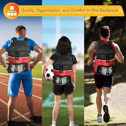 Vizari Soccer Backpack Soccer Bag | Water resistant Durable Equipment Bag for Football, Basketball, Volleyball | Cleats and Ball Compartment - Red,Blue,Black - color: RED