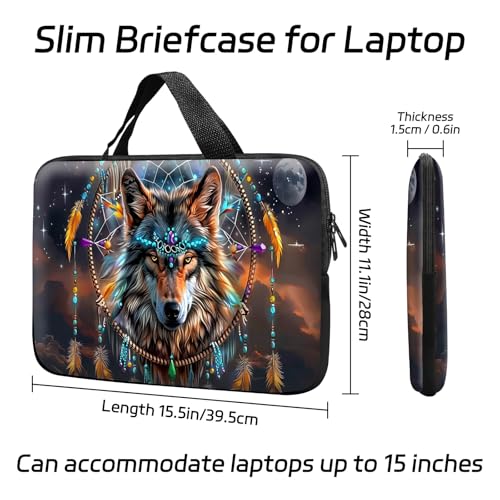 14 15 15.4 15.6 inch Laptop Handle Bag Computer Bag, Pouch Holder Notebook Sleeve Cover Soft Case Compatible for Dell,Lenovo,Toshiba HP, Asus Notebook-Dream Catcher Wolf - color: Dream Catcher Wolf