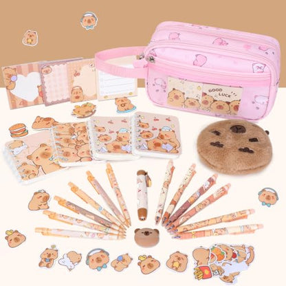 Capybara Theme Backpack for School Girls, 35PCS Kids Backpack Set with School Supplies Stationery Kit Lunch Box Pencil Case, Cute Girls Bookbag for Kindergarten Elementary Student - color: Pink