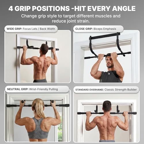 DMoose Fitness Door Pull Up Bar for Doorway - 250 Lbs Capacity, 1.7mm Heavy Duty Steel, 4 Grip Positions, No Drill Installation, Foam Door Protection & Cushioned End Caps (Black Classic)