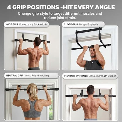 DMoose Fitness Door Pull Up Bar for Doorway - 250 Lbs Capacity, 1.7mm Heavy Duty Steel, 4 Grip Positions, No Drill Installation, Foam Door Protection & Cushioned End Caps (Black Classic)