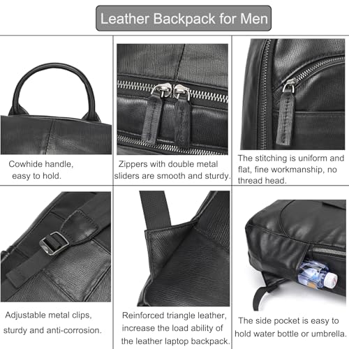 LUUFAN Genuine Leather Backpack for Men, Casual Weekender Backpack Multi Pockets 15.6 Inch Laptop Bag for Travel Business Outdoor, Black - color: 8015h-black