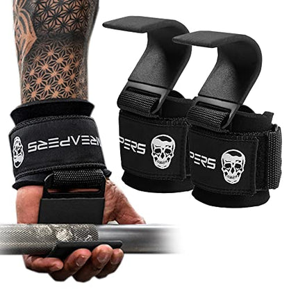 Gymreapers Weight Lifting Hooks (Pair), Heavy Duty Power Wrist Straps Hand Grip Support For Deadlifts, Pull Ups, Shrugs - Gym Gloves For Men and Women - color: Black