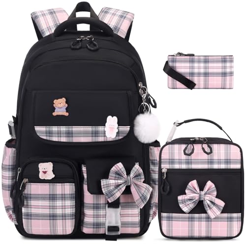 ACESAK Girls Backpack - 3PCS Backpack for Girls Cute School Backpacks for Girls Kindergarten Elementary Preschool Middle Kids School Bags with Lunch Box Pencil Case Set (Black) - color: Black