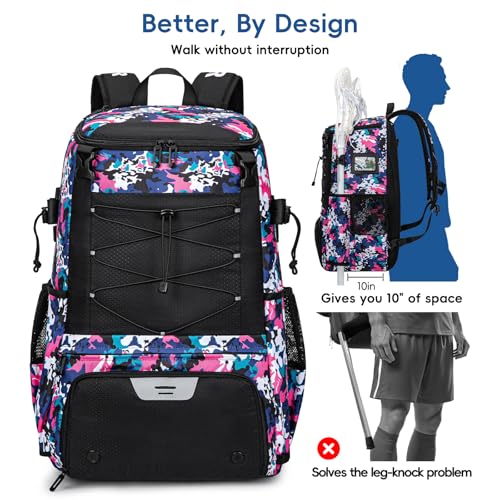 KAVIGOR Lacrosse Bag 65L, Extra Large Lacrosse Gear Backpack with Multi-Pocket Design, Helmet Holder & Ventilated Shoe Compartment - color: Camo Pink