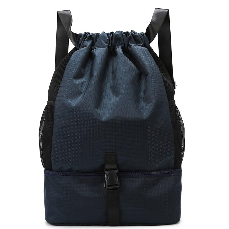 Water-Resistant Drawstring Gym Backpack Bag with Wet/Dry Separator Pocket（Dark Blue）