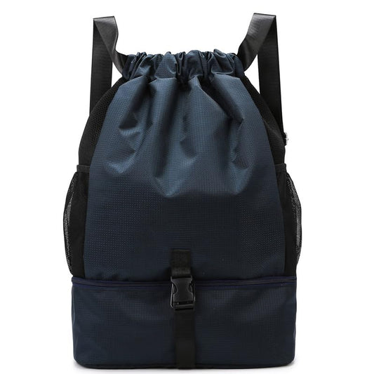 Water-Resistant Drawstring Gym Backpack Bag with Wet/Dry Separator Pocket（Dark Blue）