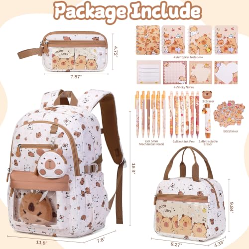 Capybara Theme Backpack for School Girls, 35PCS Kids Backpack Set with School Supplies Stationery Kit Lunch Box Pencil Case, Cute Girls Bookbag for Kindergarten Elementary Student - color: Beige