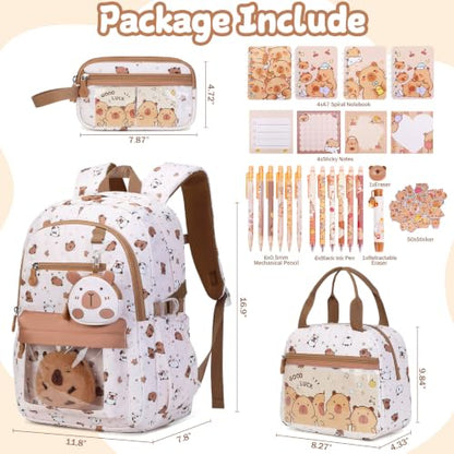 Capybara Theme Backpack for School Girls, 35PCS Kids Backpack Set with School Supplies Stationery Kit Lunch Box Pencil Case, Cute Girls Bookbag for Kindergarten Elementary Student - color: Beige