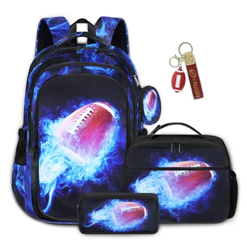 Boys American Football Backpack with Lunch Box, Kids Backpack Set for School, 17inch Bookbag with Pencil Case Coin Purse Blue - color: Football Blue