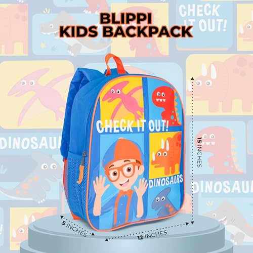 AI ACCESSORY INNOVATIONS Blippi Backpack for Boys & Girls, Kids 15" School Bag Featuring Blippi & His Dinosaur Friends, Blue - color: Blippi