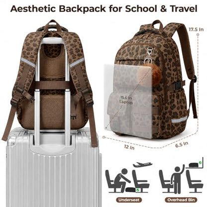 WOBAGMEN Cute Leopard Backpack for Teen Girls, Large Capacity Multi-Pocket School Bag Fits 15.6" Laptop, Lightweight Durable Daypack for School and Travel (Brown Leopard, M) - color: Brown Leopard