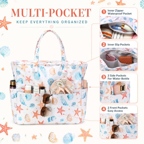 LEDAOU Beach Bag Waterproof Sandproof Women Beach Tote Pool Bag with Zipper for Swim Gym Grocery Travel with Wet Pocket | Sandproof - color: Starfish Shell