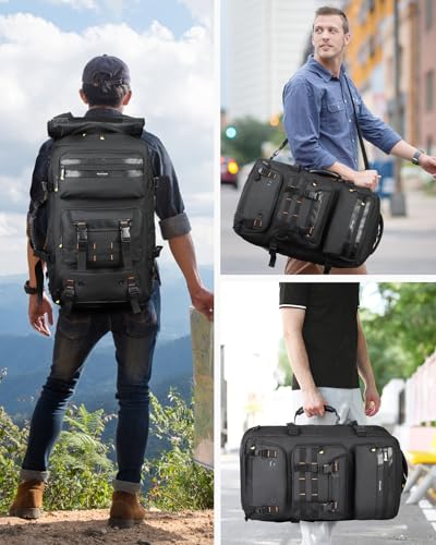 Ponhog Travel Backpack for Men, 50L Carry On Flight Approved Convertible Duffle Bag with Shoe Compartment, 17 inch Laptop Luggage with USB Charging Port for Weekender Hiking, Black