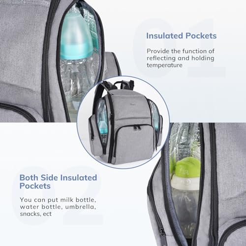 Mancro Diaper Bag Backpack, Large Multifunction Waterproof Travel Baby Changing Bag for Dad Mom with 4 Insulated Pockets and Stroller Straps, Maternity Baby Bag for Boys Girls, Grey - color: Austere Grey