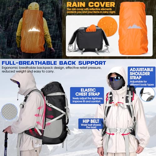 IGOLUMON 60L Hiking Backpack Waterproof Camping Backpack with Rain Cover Large Lightweight Backpacking Backpack for Men Women - color: Black
