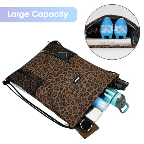 WANDF Drawstring Backpack Sports Gym Sackpack with Mesh Pockets Water Resistant String Bag for Women Men (Brown Leopard) - color: Brown Leopard