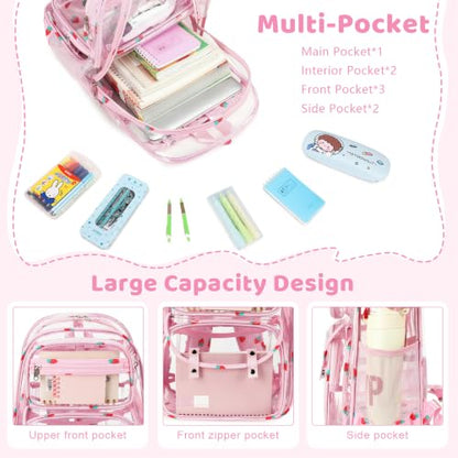 ACESAK Clear Backpack for Girls - 3 Pcs Clear Backpack Heavy Duty with Lunch Bag - See Through Bookbag Stadium Approved for Kids Middle High College School(Pink Strawberry) - color: Pink Strawberry